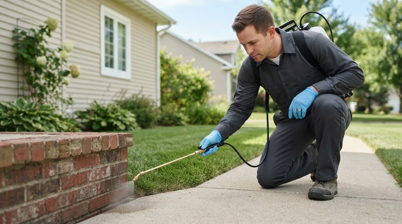 Pest control technician treating a home near Peck, MI