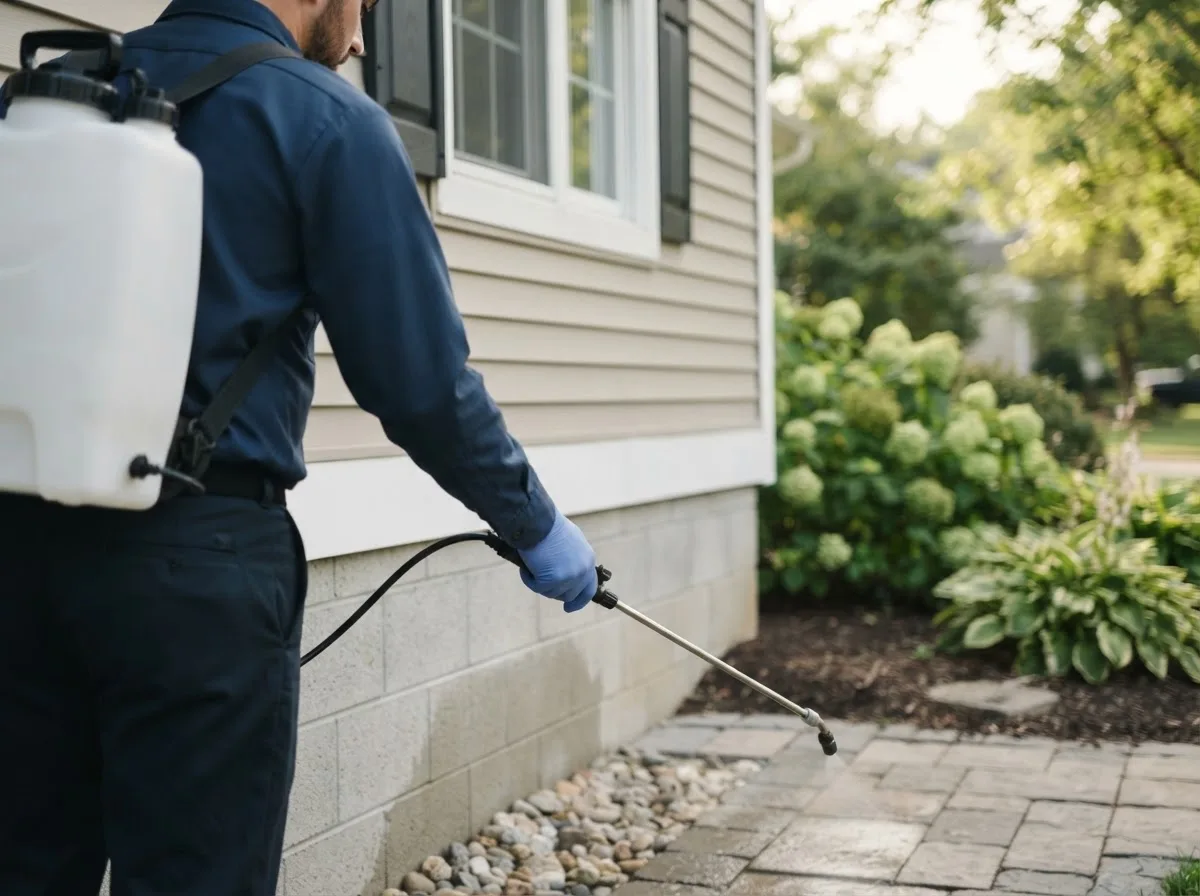Pest control technician inspecting a home in Peck, MI